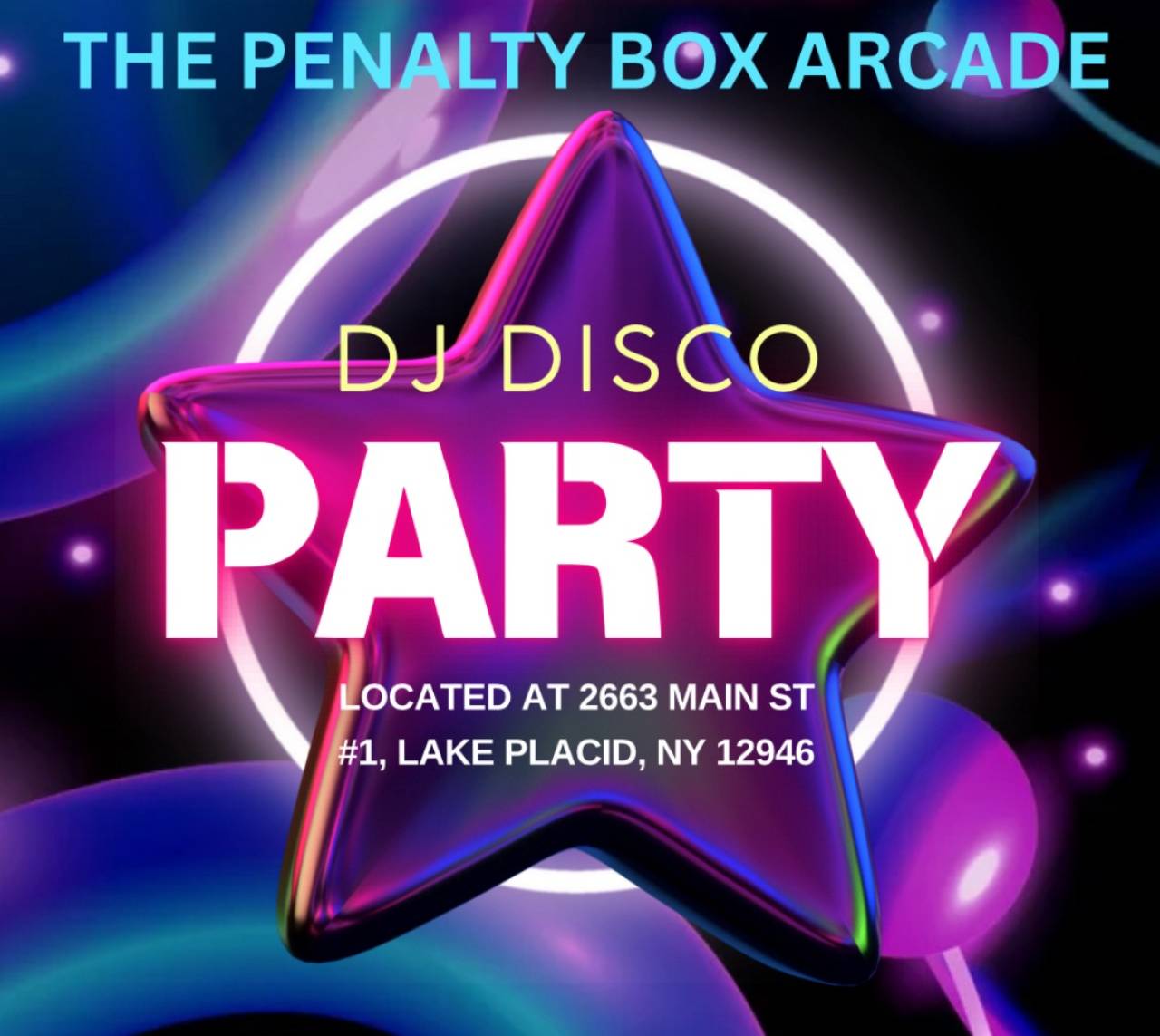 Event promo graphic for The Penalty Box Arcade DJ Disco Parties