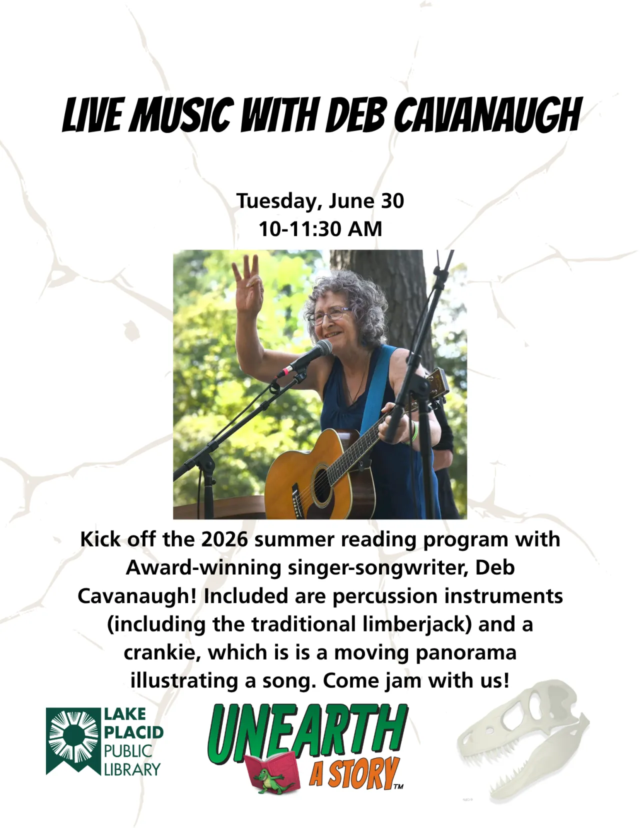 Flyer for Live Music with Deb Cavanaugh event at Lake Placid Public Library