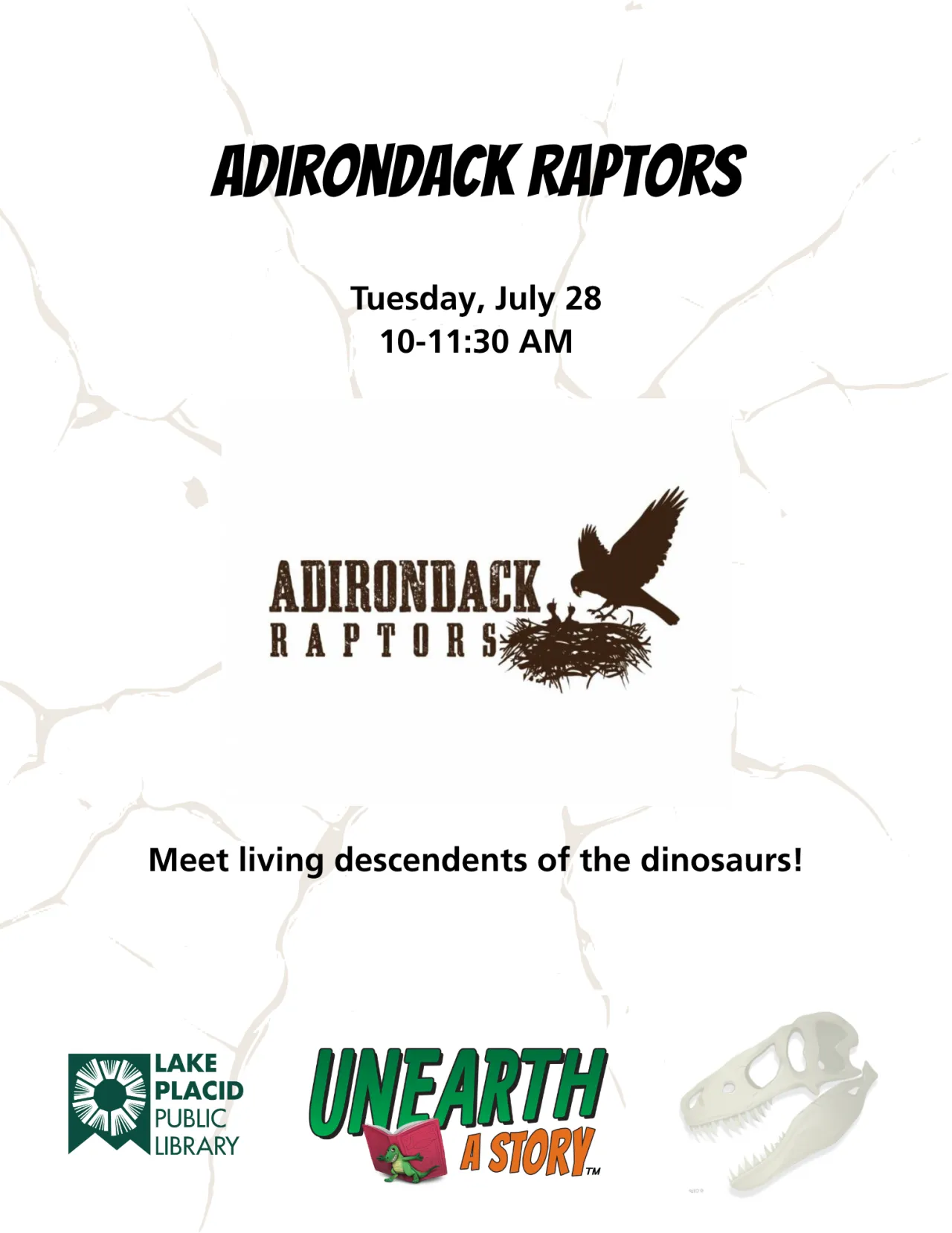Flyer for Adirondack Raptors program at Lake Placid Public Library