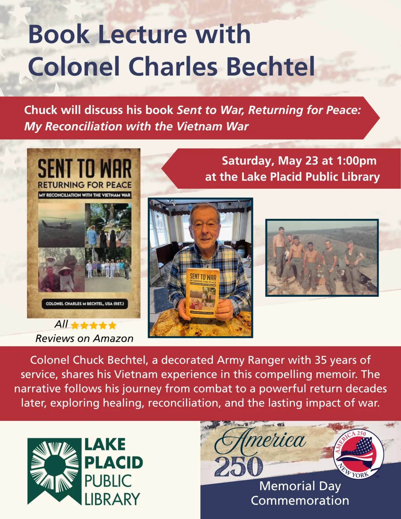 Colonel Chuck Bechtel book talk poster for Lake Placid Public Library