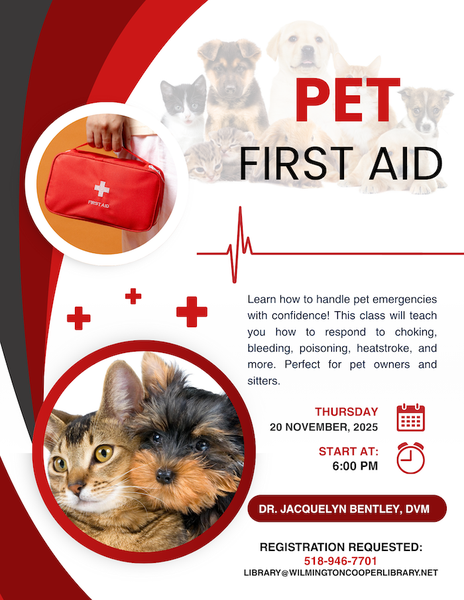 Promotional poster for a 'Pet First Aid' class.