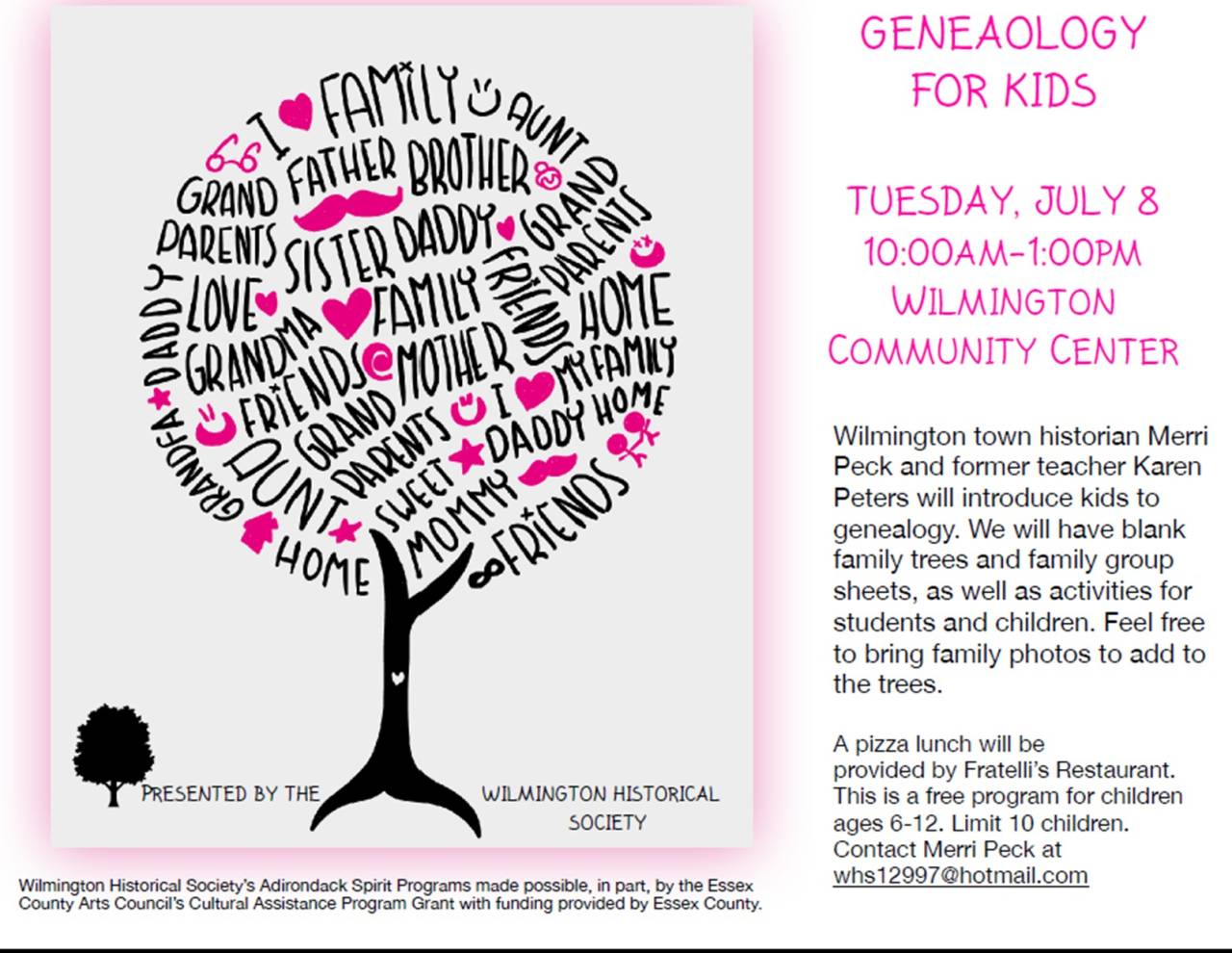 Flyer for a genealogy program for kids, featuring a family tree graphic with words related to family members and a description of the event.