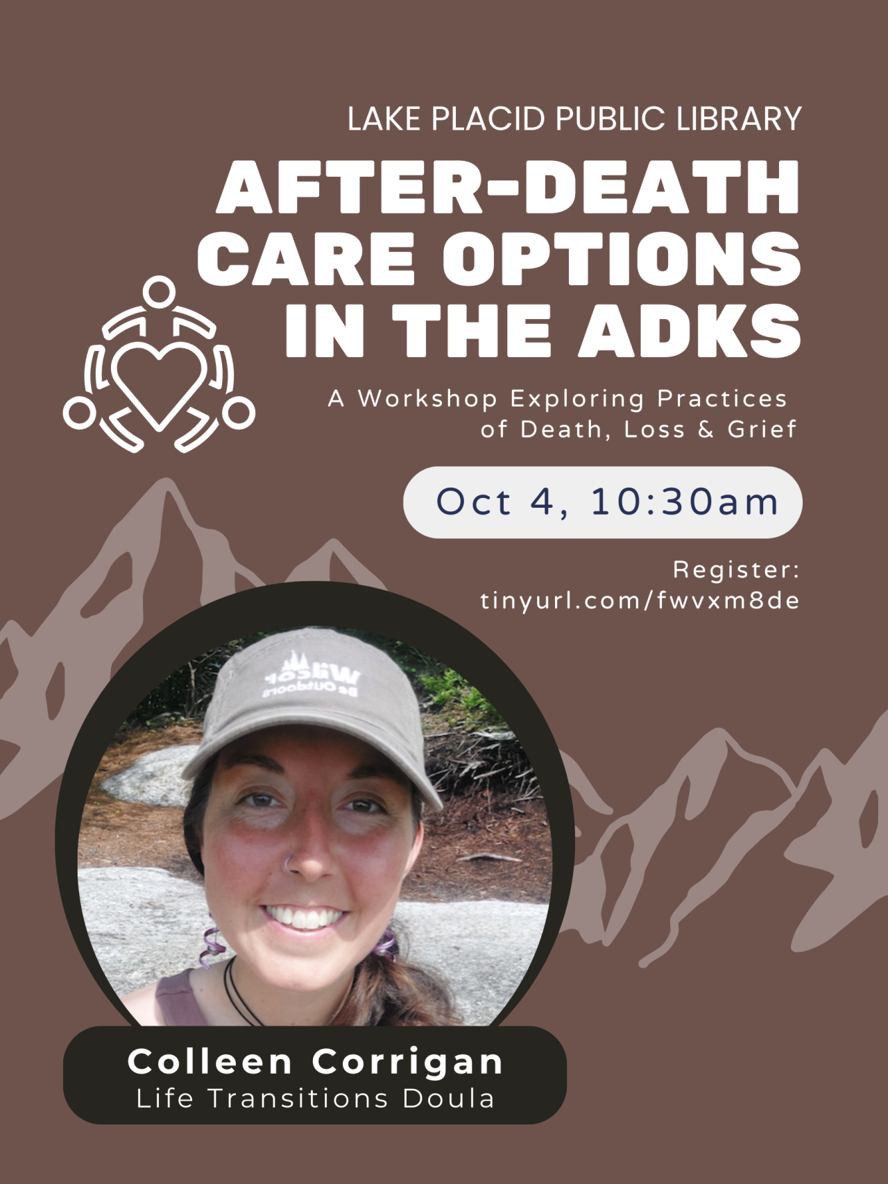 Poster for After-Death Care Options event with photo of presenter, graphics of mountains, URL for registration on an eggplant background