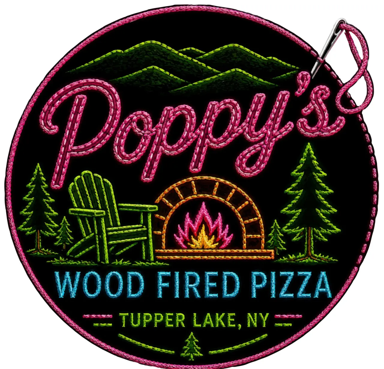 A logo designed like a patch for Poppy's Wood Fired Pizza in Tupper Lake, NY