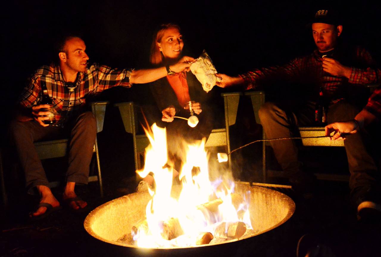 group sitting around campfire with smores