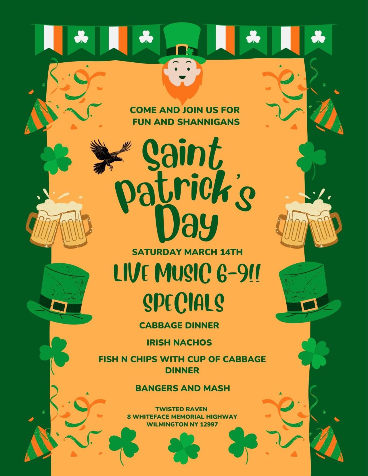 Flyer for St. Patrick's Day at the Twisted Raven.