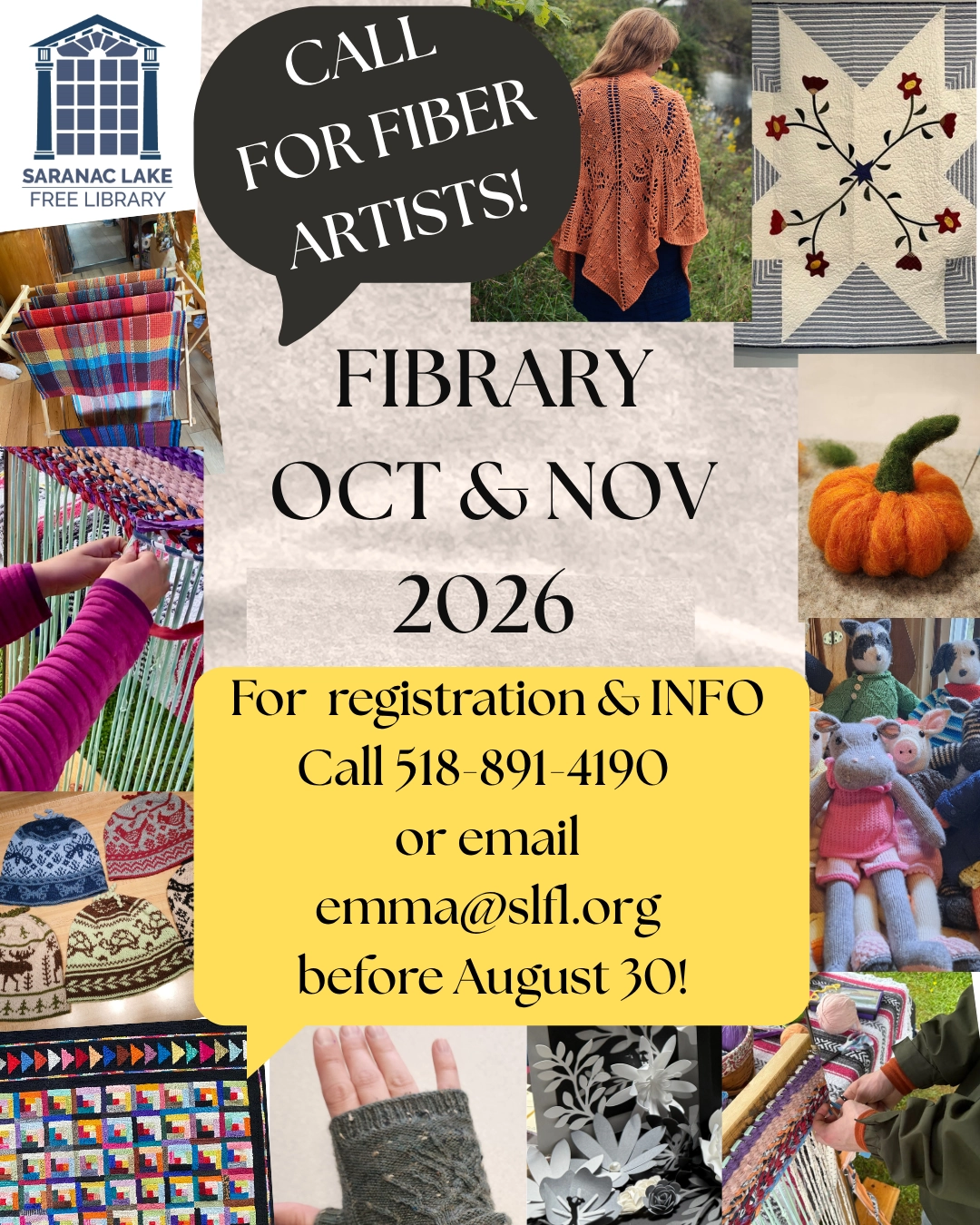 An event flyer from the Saranac Lake Free Library calling for fiber artists for a "Fibrary" event.