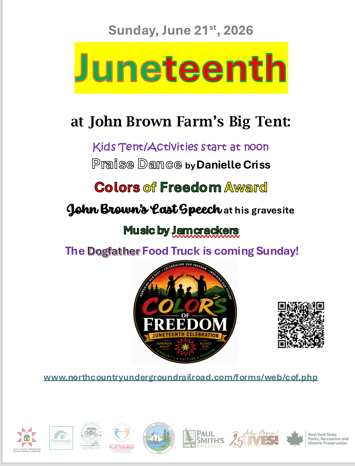 Flyer for Juneteenth celebrations at John Brown Farm with Colors of Freedom logo
