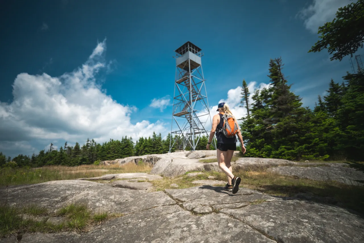 A person walks up to a fire tower on a mountain.