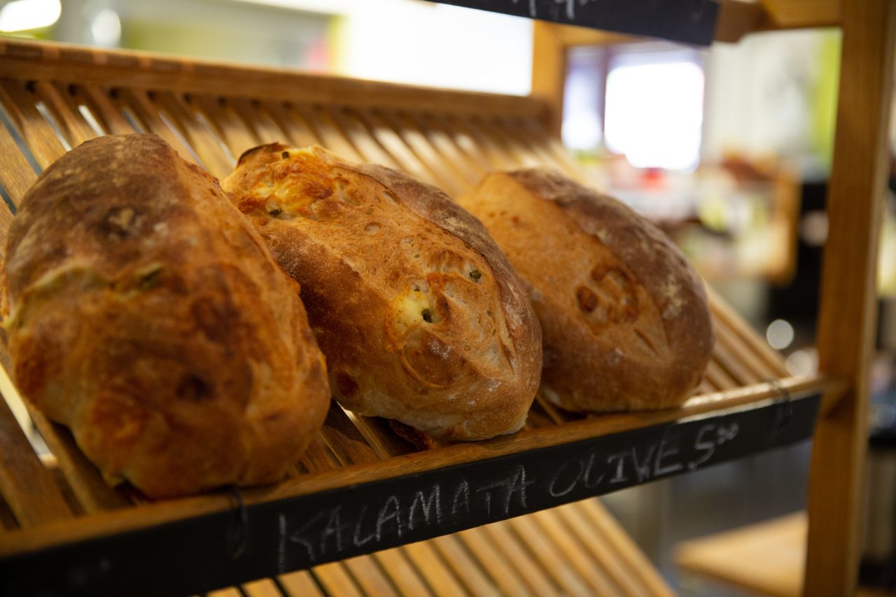 Bread in a bakery window.
