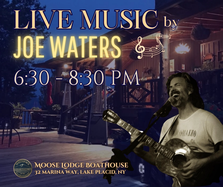 Graphic of Joe Waters playing guitar overlayed on image of Moose Lodge Boathouse