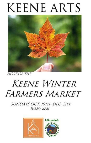 A hand holds a vibrant orange maple leaf against a blurred green background. Text reads: "Keene Arts hosts Keene Winter Farmers Market, Sundays Oct. 19 - Dec. 21, 10am-2pm." Logos are at the bottom.