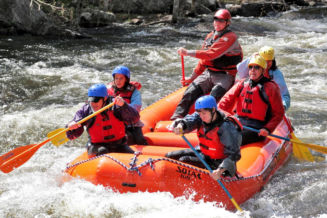 A group of adults paddle a raft on a whitewater river.