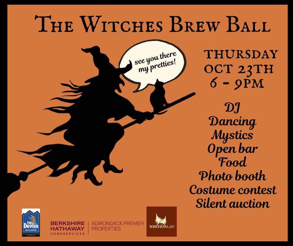 Orange background, black silhouette of a witch on a broom, text about event, logos of sponsors