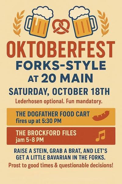 Oktoberfest Forks-Style event poster featuring beer mugs and pretzel illustrations. Details include date, October 18th, location at 20 Main, and activities.