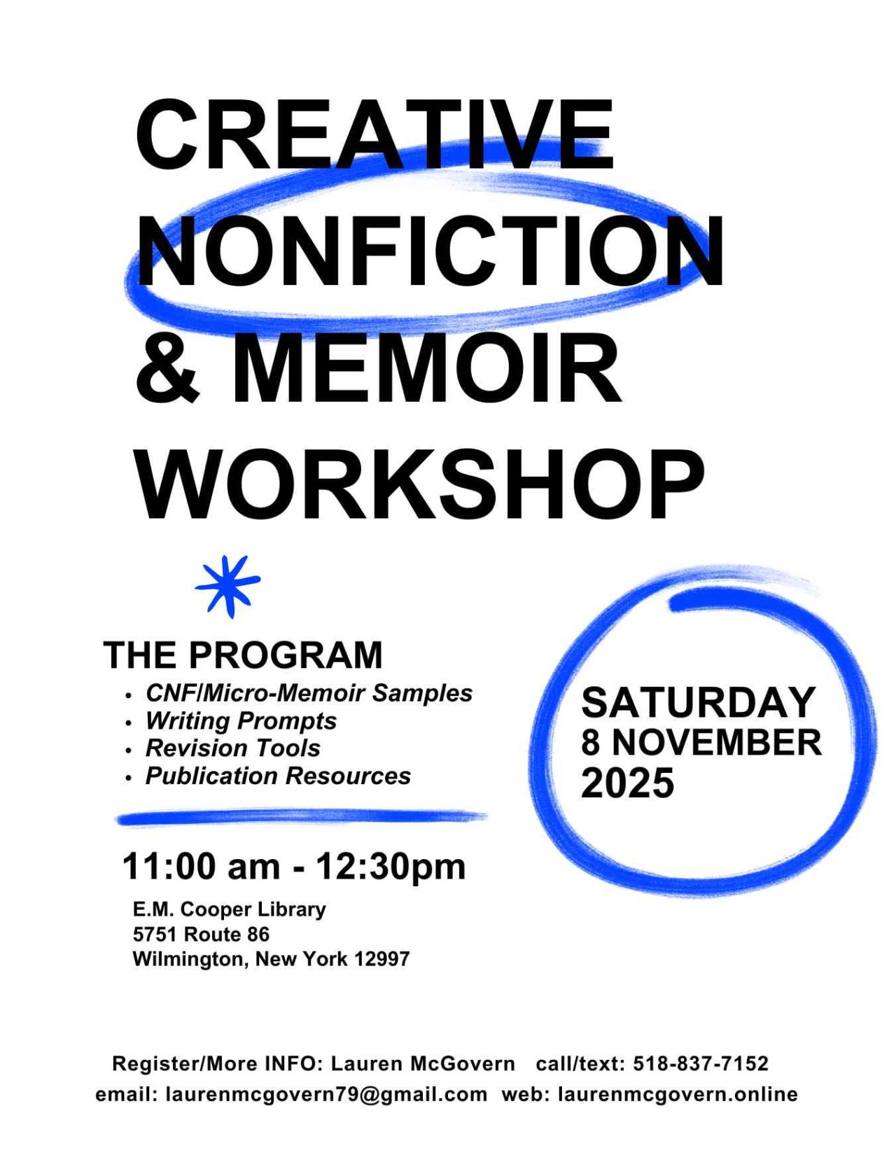 Flyer for Creative Nonfiction & Memoir Workshop on November 8, 2025