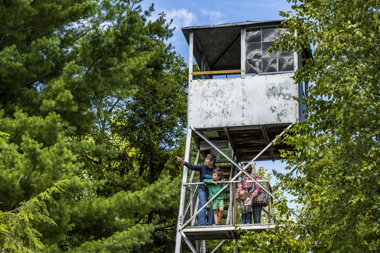 A family in a fire tower.