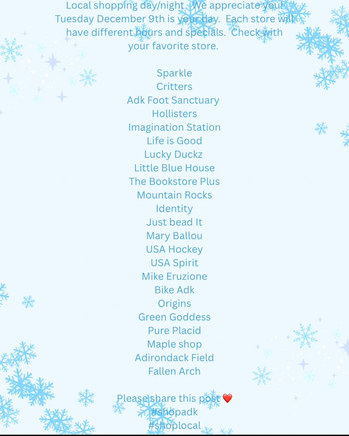 List of businesses participating in Lake Placid Shop Local event on background of white with blue snowflakes