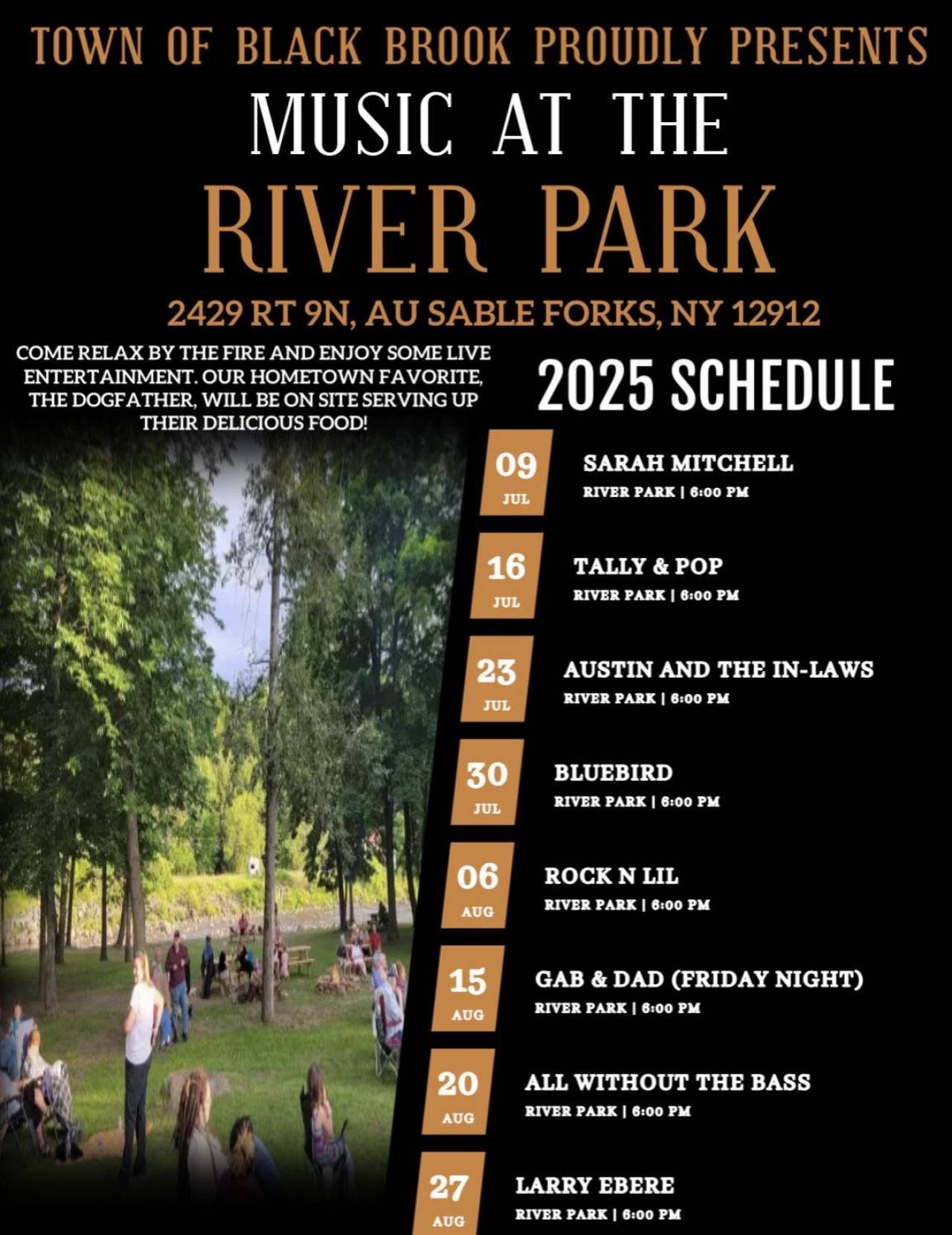 Poster for 2025 Black Brook River Park concert series with event dates, artists, and an image of a past concert