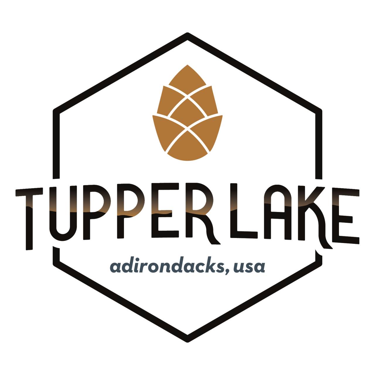 A hexagon shape is overlaid by the words "Tupper Lake, Adirondacks, USA" and a stylized pinecone.