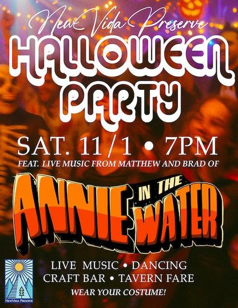 Neat Vida Preserve Halloween Party poster with bold, festive text. Features date, time, live music by Annie in the Water, and event details like live music, dancing, and craft bar. Bright, celebratory vibe.