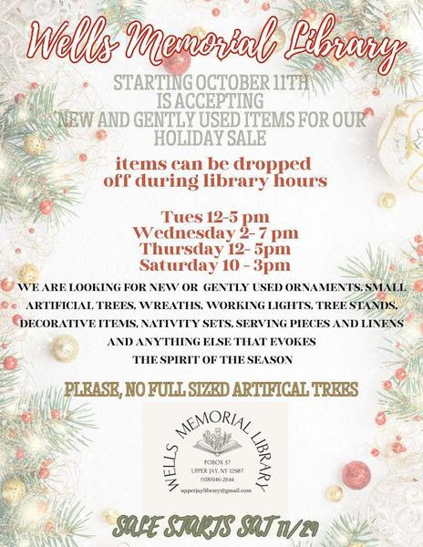 Holiday-themed flyer for Wells Memorial Library's holiday sale. It invites donations of small decor items starting October 11. Sale begins November 29.