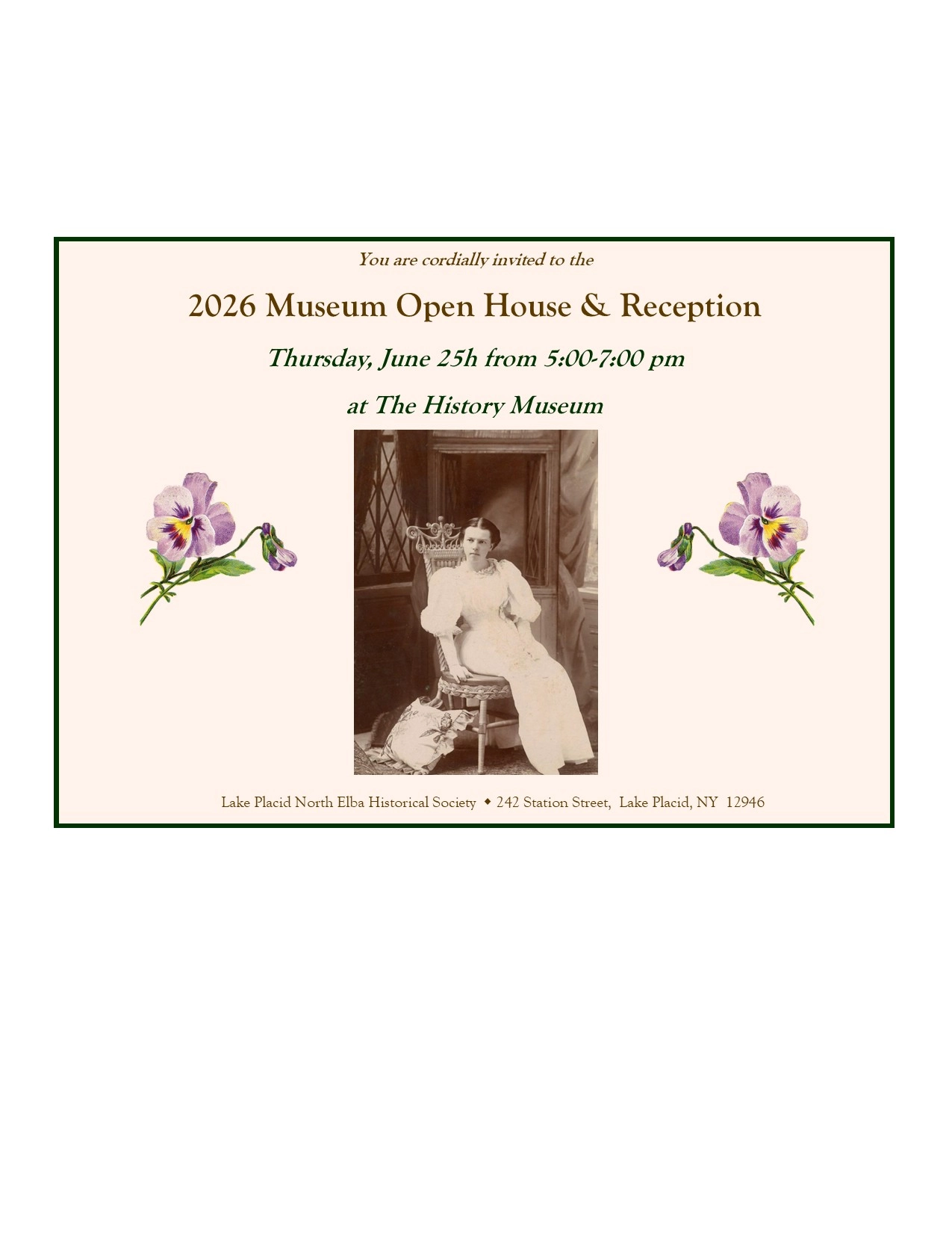 Graphic invite to Lake Placid-North Elba Historical Society & Museum open house and reception