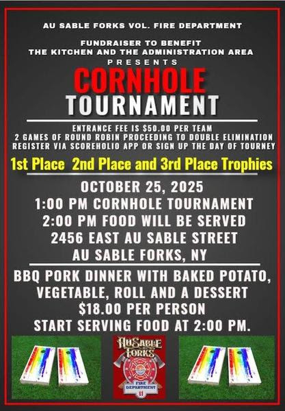 Event poster for Au Sable Forks Volunteer Fire Department fundraiser cornhole tournament on October 25, 2025
