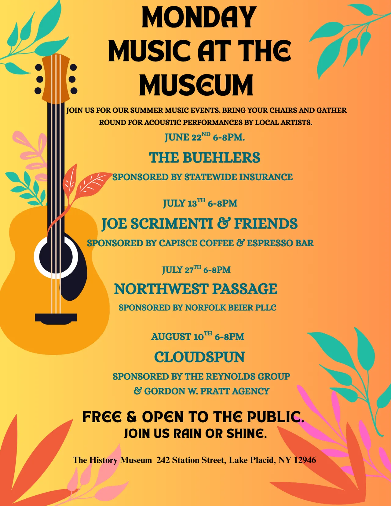 Monday Music at the Museum concert poster with lineup of bands on multicolored background with guitar and floral graphics