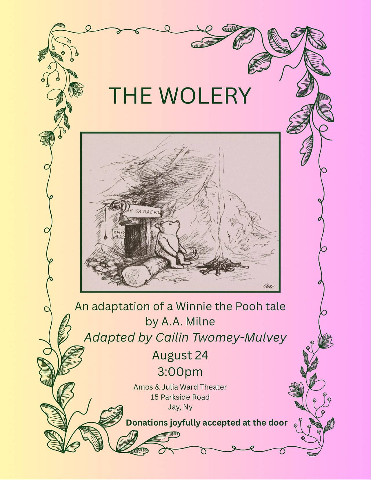 Poster advertising a theatrical adaptation of a Winnie-the-Pooh tale at the Amos & Julia Ward Theater on Sunday, August 24 at 3pm