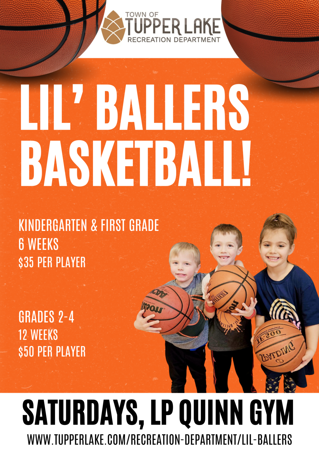 three young children holding basketballs on a orange poster with white text