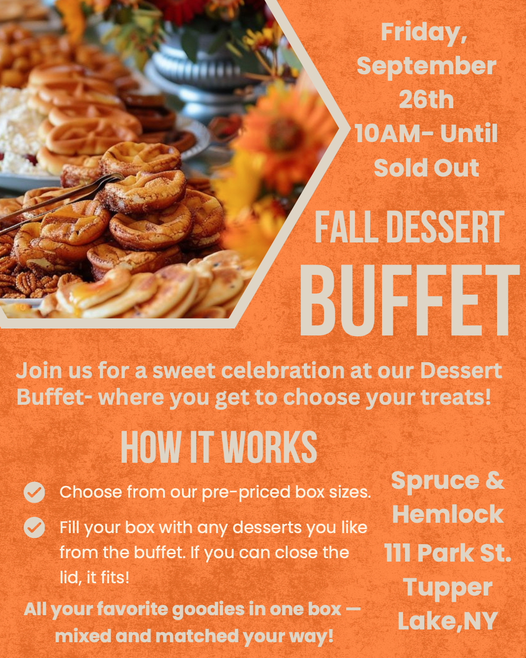 orange poster with white text and photos of fall baked goods