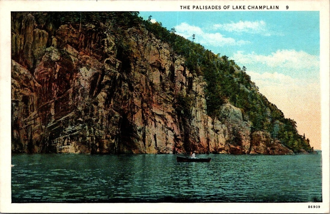 A postcard photo of the Palisades on Lake Champlain.