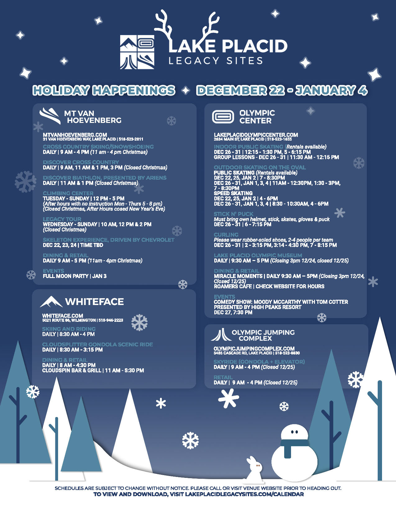 ORDA events schedule for holiday week on dark blue background with graphic winter scene