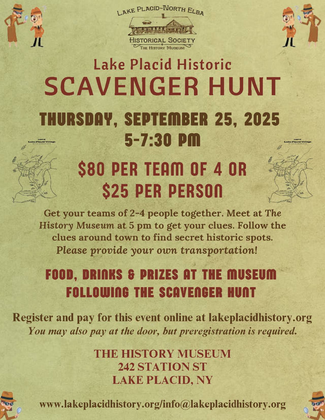 Flyer for 2025 Lake Placid-North Elba Historical Society Scavenger Hunt with green background, red text, and clip art of detectives