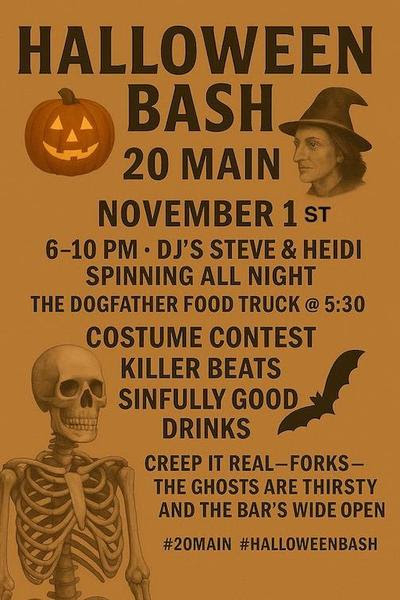 Halloween event poster featuring a jack-o'-lantern, a witch portrait, and a skeleton illustration, set against an orange background. The poster advertises a "Halloween Bash" at "20 Main" on November 1st, including DJ music, a food truck, a costume contest, and drinks. Text includes hashtags "#20MAIN" and "#HALLOWEENBASH".