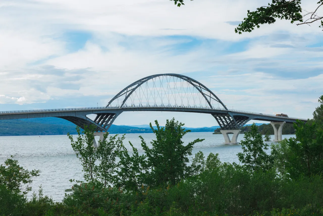 The Lake Champlain Bridge in the summer.