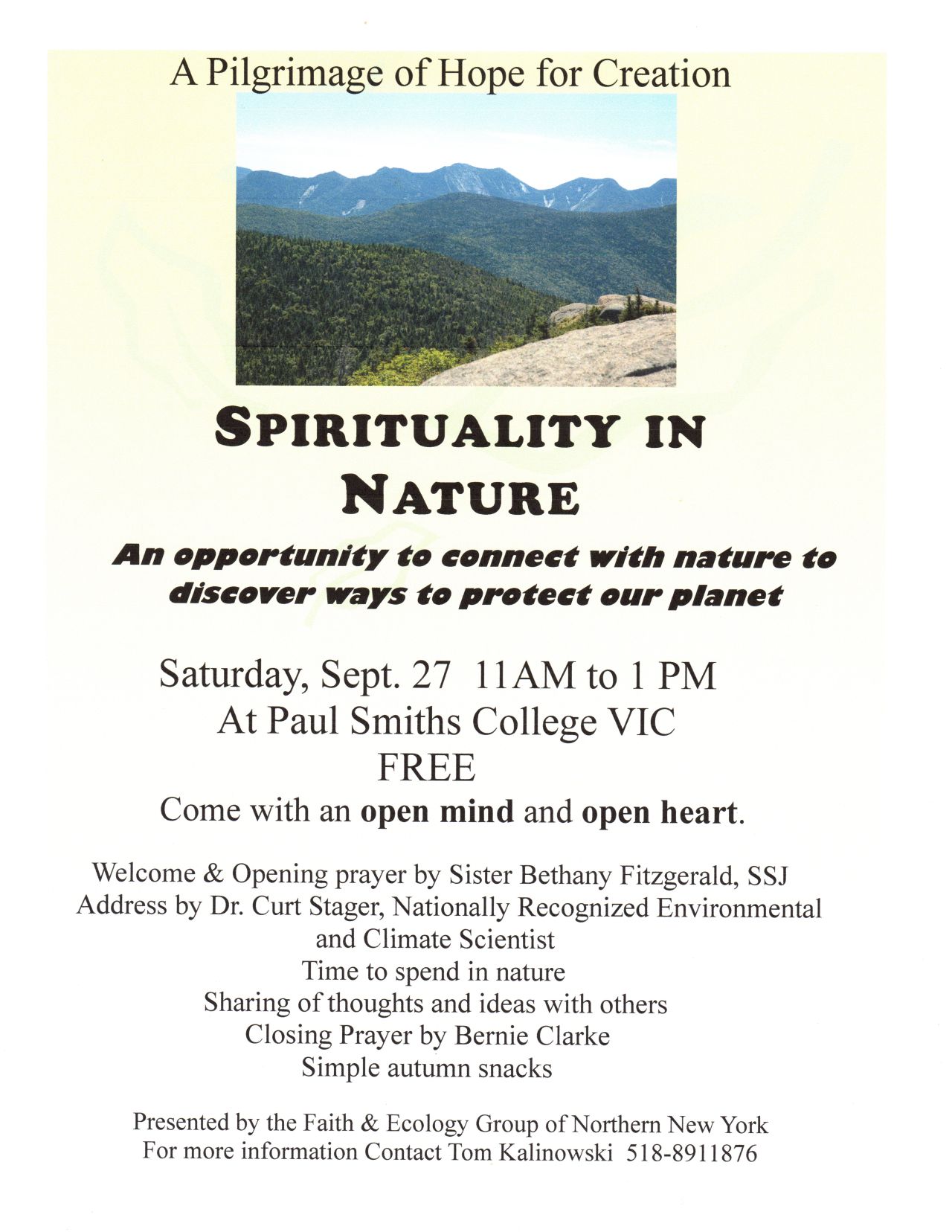 Poster for a Spirituality in Nature event at Paul Smiths College on September 27th, from 11 AM to 1 PM.  The event is free and includes a welcome prayer, address by Dr. Curt Stager, time in nature, sharing of ideas, closing prayer, and snacks.