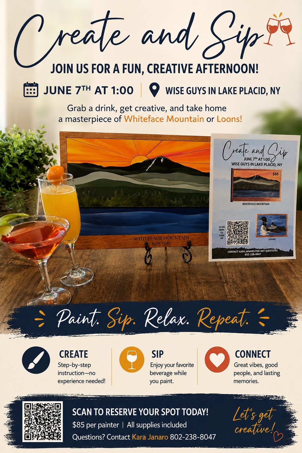 Create and sip poster with imagery of painting and wine glasses with event details printed on imagery and below