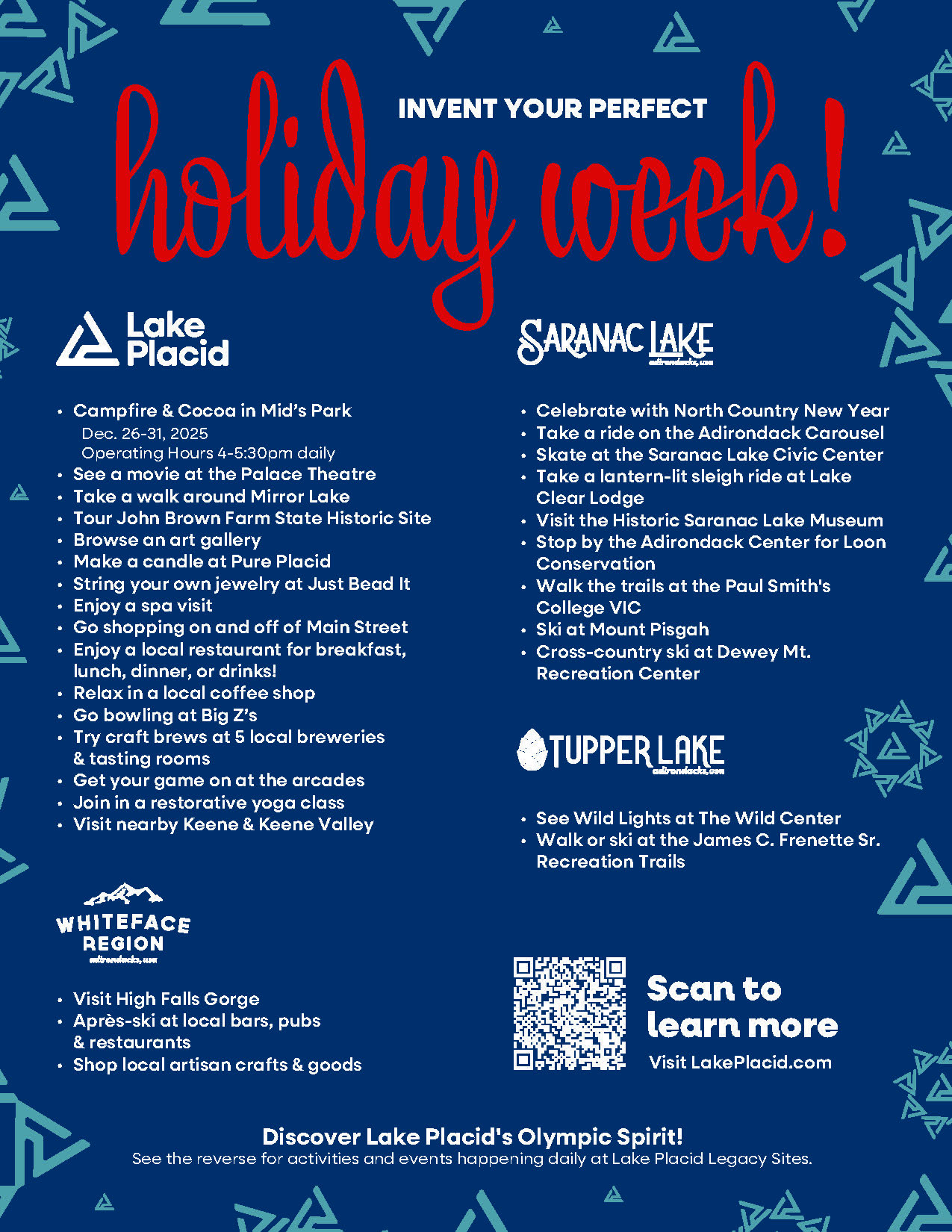 List of things to do in Lake Placid and surrounding regions over the holiday week in white text over a dark blue and snowflaked background