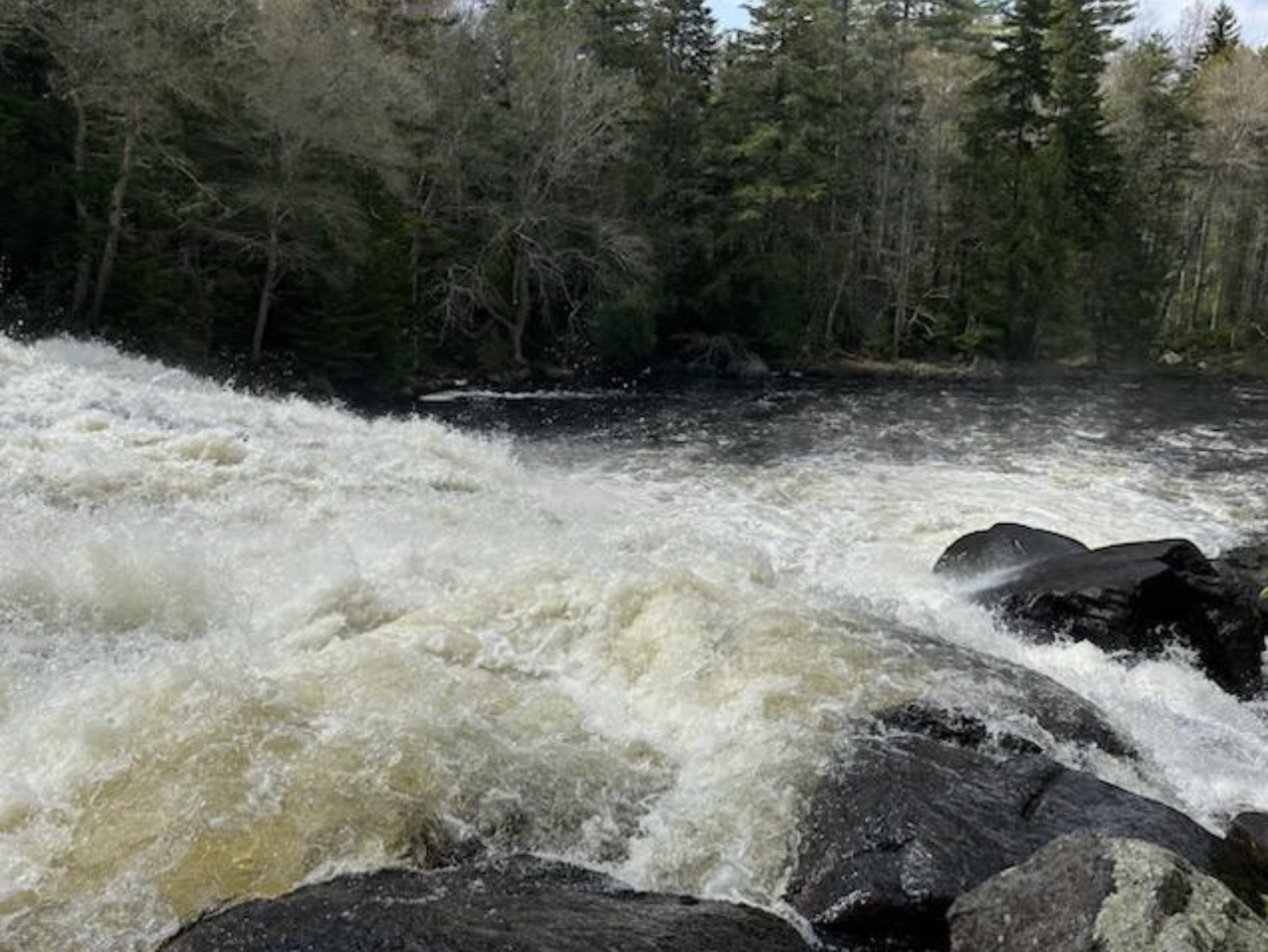 A river rushes over a drop, creating a rushing waterfall.