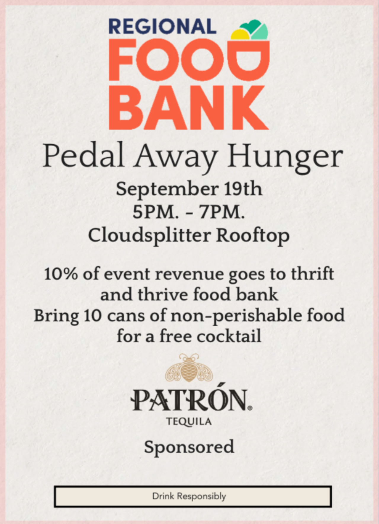 Simple text on paper-textured background with details for Pedal Away Hunger fundraiser event at Cloudsplitter Rooftop on Sept. 19, 2025