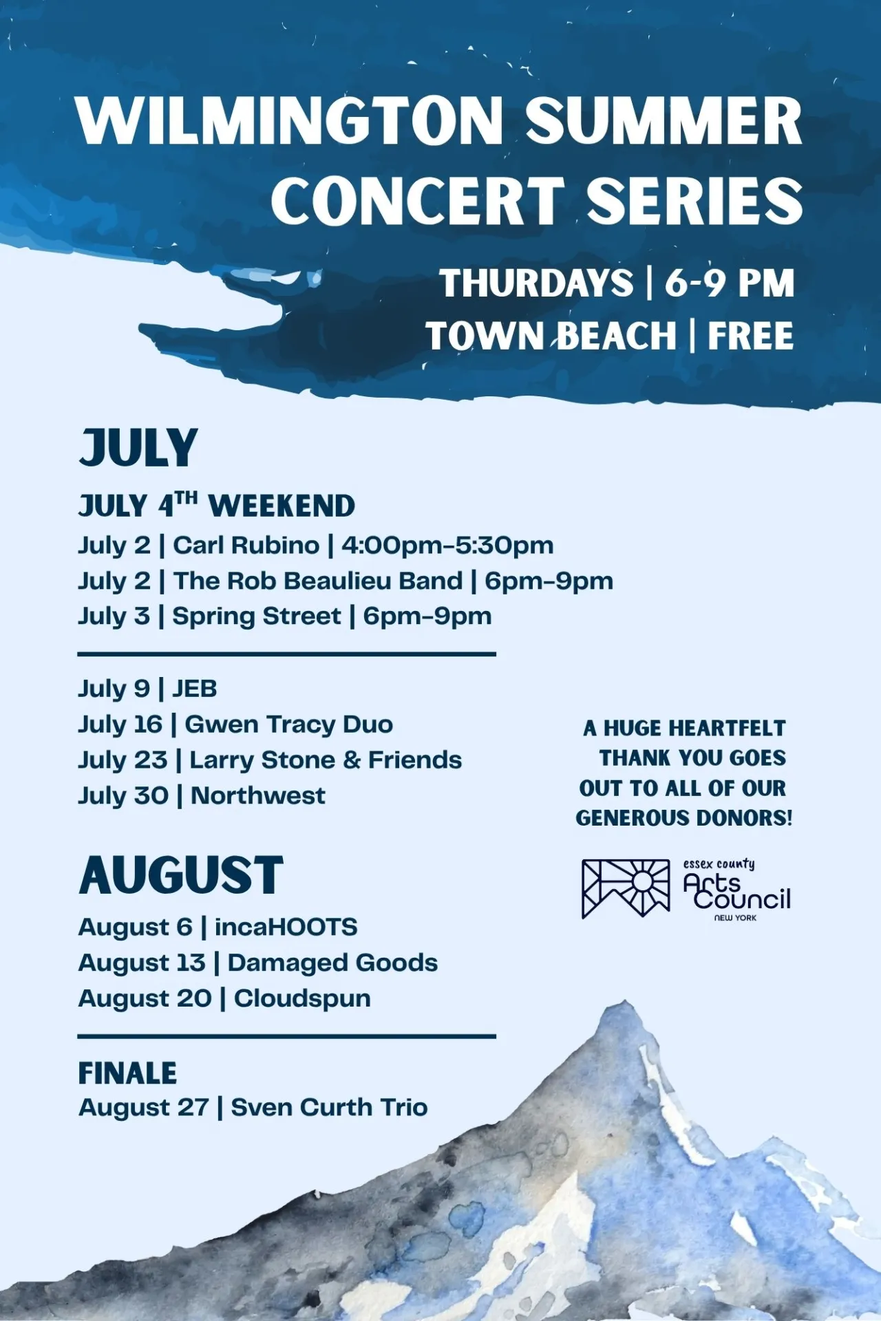 July & August lineup poster for Wilmington Summer Concert Series