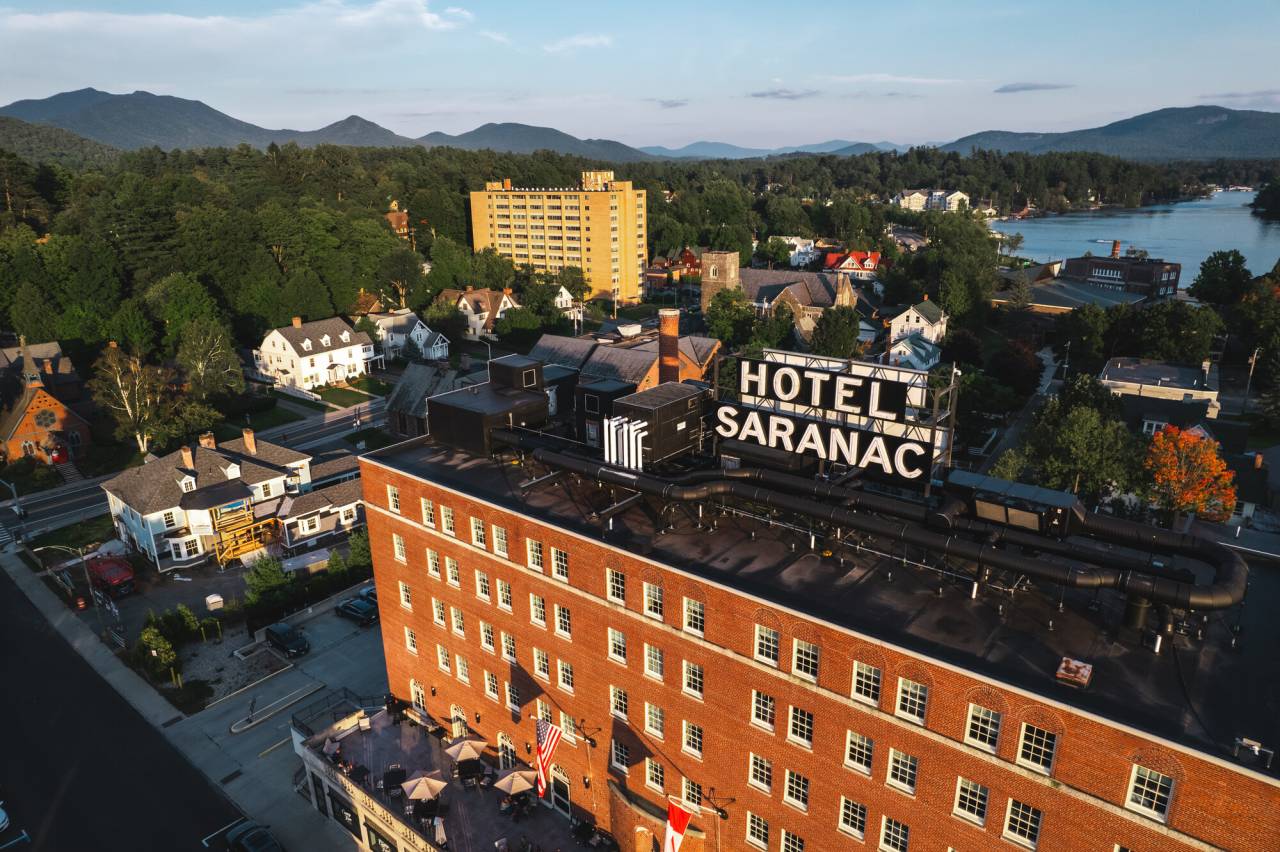 Aerial view of Saranac Lake in the summer.