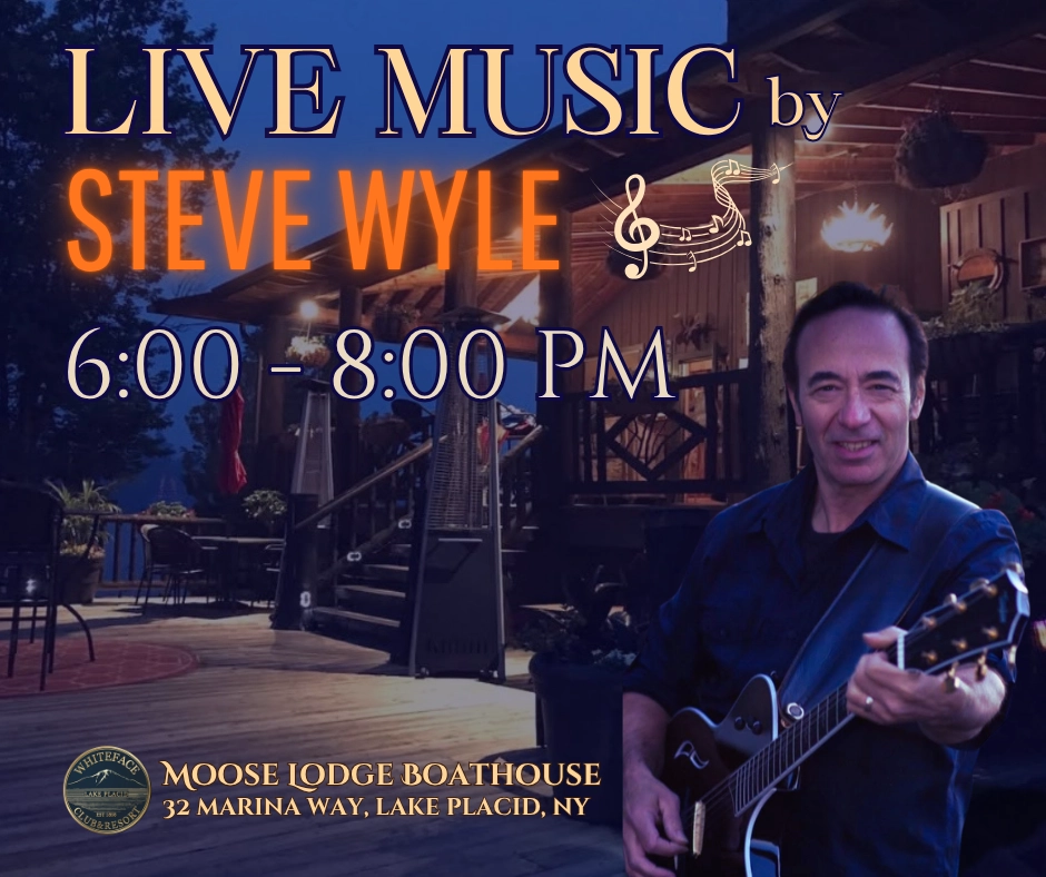 Designed graphic of Steve Wyle with guitar in front of Whiteface Club & Resort at night