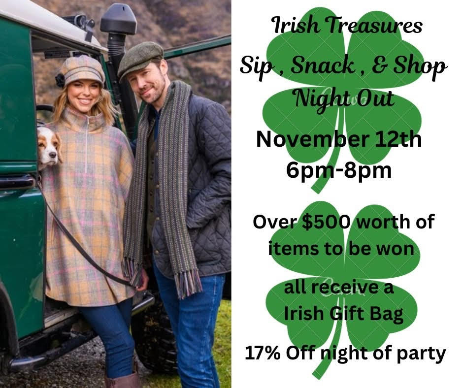 Couple posing by a green vehicle with a dog, both in warm clothes, looking cheerful. Text on the image promotes an event, "Irish Treasures Sip, Snack, & Shop Night Out" on November 12th, 6pm-8pm. Shamrock graphics enhance the Irish theme.