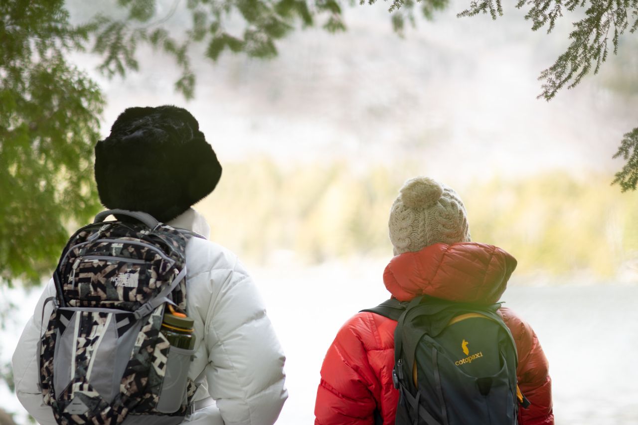 Two women look out to a pond in winter.