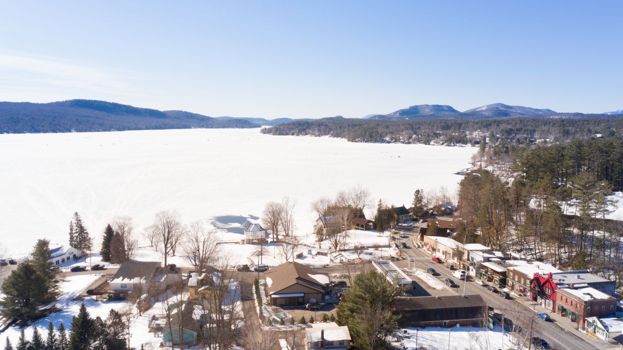 Aerial view of Schroon Lake in the winter