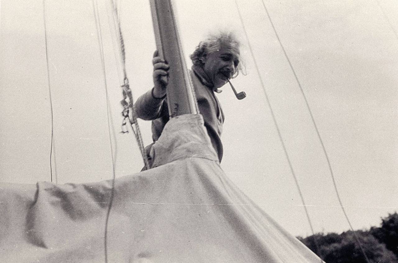 Albert Einstein sailing his boat on Lower Saranac.