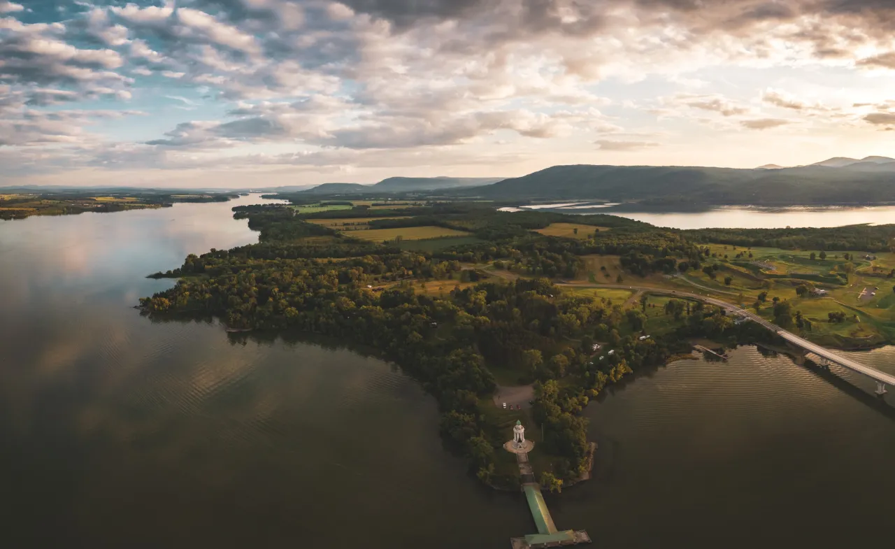 A scenic drone photo of the Lake Champlain Region.